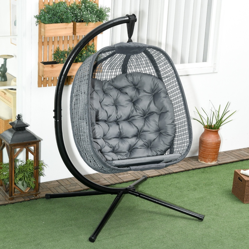 Best Outdoor Swing Chair with Thick Padded Cushion, Patio Hanging Chair with Metal Stand, Egg Chair with Foldable Basket, Cup Holder, for Indoor and Outdoor, Dark Grey - Image 10