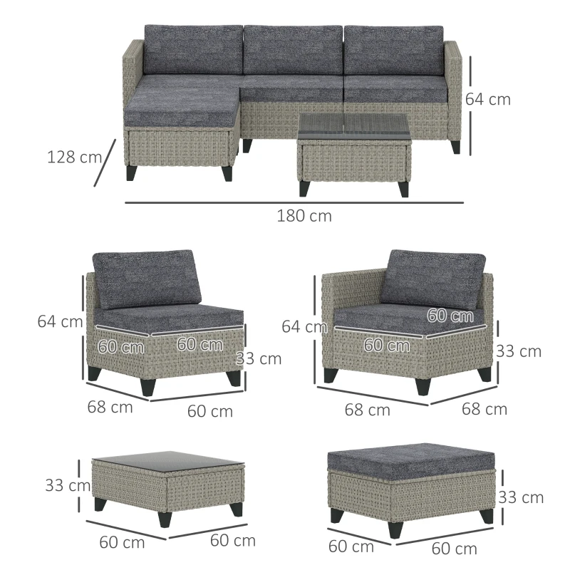 Best 5-Piece Rattan Patio Furniture Set with Corner Sofa, Footstools, Coffee Table, for Poolside, Dark Grey - Image 3
