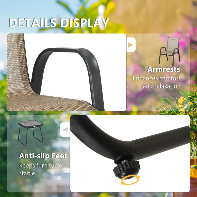 Best 3 Pieces Outdoor Bistro Set, Patio Stackable Armchairs with Breathable Mesh Fabric and SPC Board Coffee Table, Brown - Image 6