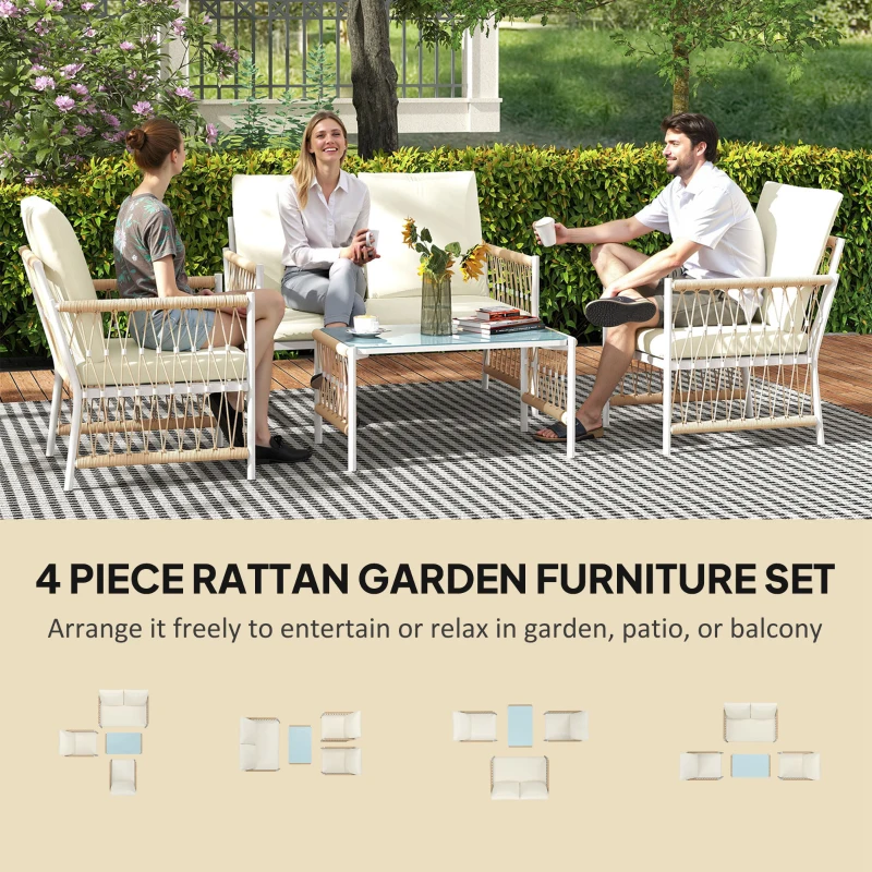 Best 4 Piece Rattan Garden Furniture Set, 4 Seater Wicker Patio Conversation Set with 2 Armchairs, Loveseat, Glass Top Coffee Table and Cushions for Outdoor, Balcony, Khaki - Image 4
