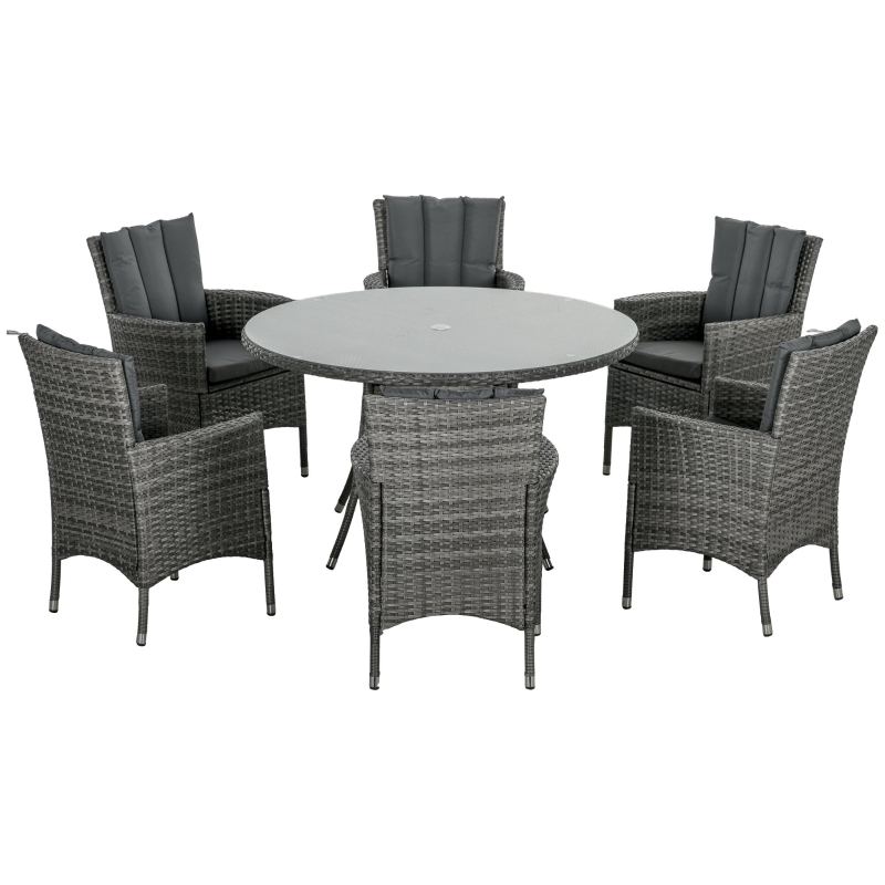 Best Seven-Piece Rattan Dining Table, with Round Glass-Top Table - Mixed Grey - Image 11