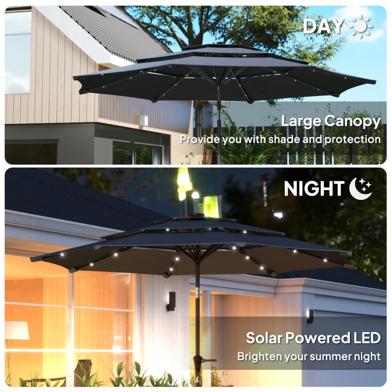 Best 3-Tier Garden Parasol with Solar LED Lights, UPF 30+, Tilt Mechanism & Crank Handle, for Market Terrace, Dark Grey - Image 5