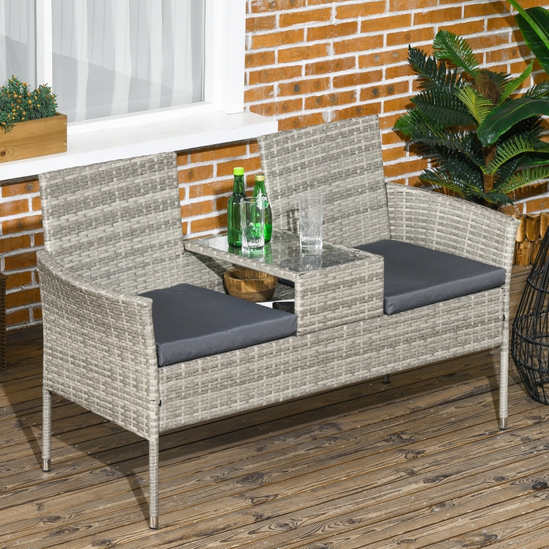 Best Two-Seat Rattan Chair, with Middle Table - Light Grey - Image 10