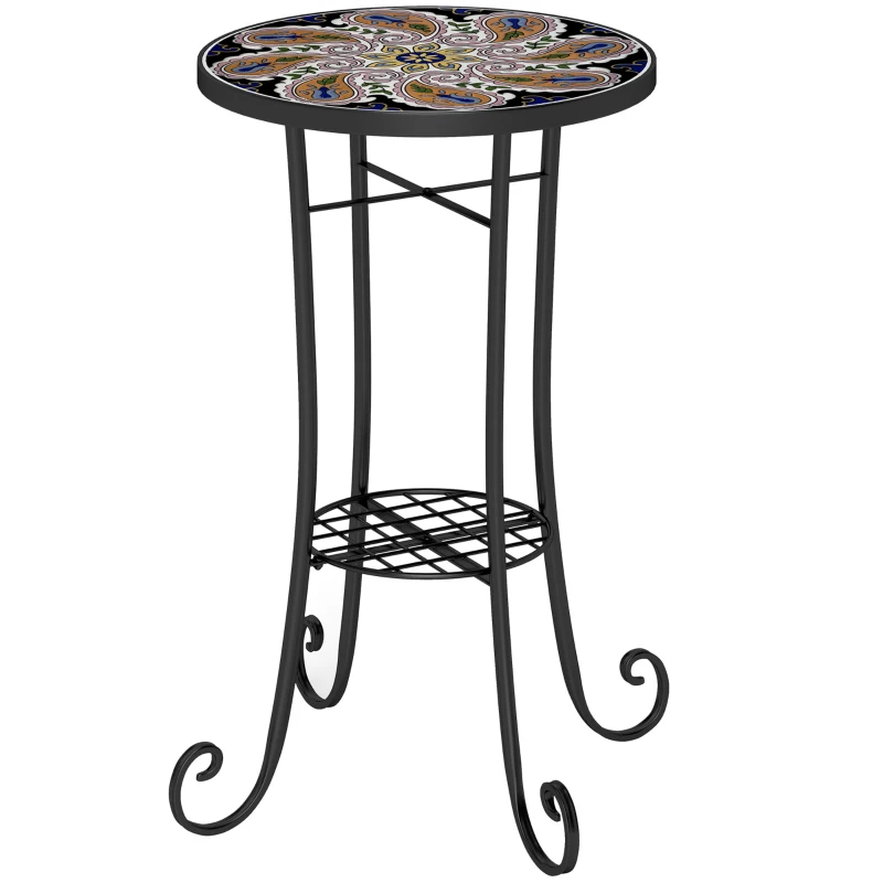 Best Mosaic Garden Table, 35.5 cm Round Outdoor Table with Shelf, Ceramic Tile Top, Small Garden Side Table Bistro Table End Table Plant Stand for Indoor, Patio, Balcony, Orange