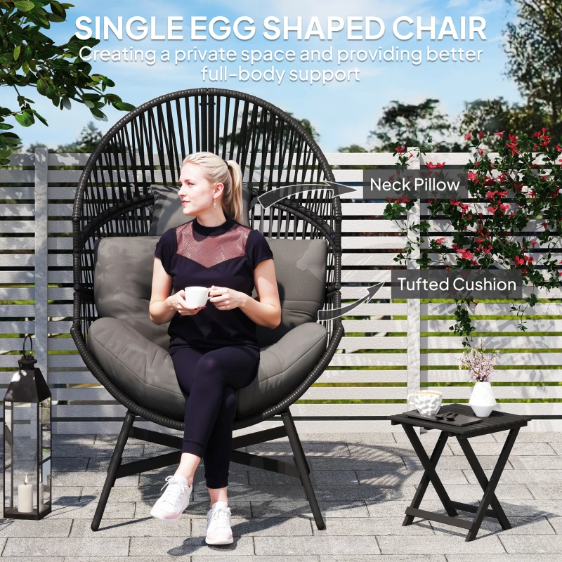 Best Rattan Egg Chair, Oversized Freestanding Garden Egg Chair with Thick Tufted Cushion, Headrest, Steel Frame for Indoor and Outdoor Use, Charcoal Grey - Image 5