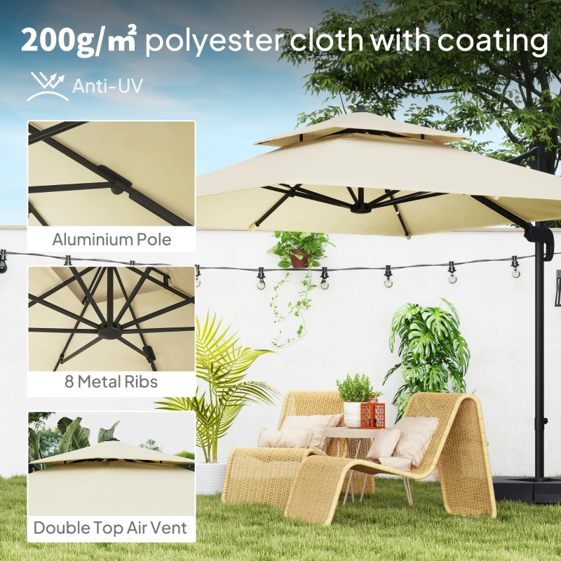 Best 2.7 x 2.7(m) Cantilever Parasol with Aluminium Frame, Crank and Tilt, 360° Rotation, Double Top Garden Umbrella with Base and Cover, Khaki - Image 6