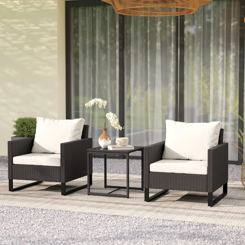 Best 3 Pieces Rattan Bistro Set with 4 Cushions, Wicker Garden Furniture Set, Glass Top Coffee Table and Chairs for Outdoor Patio, Balcony, Terrace and Conservatory, Brown - Image 2