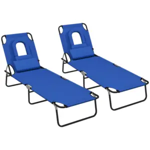 Best Outdoor Foldable Sun Lounger Set of 2, 4 Level Adjustable Backrest Reclining Sun Lounger Chair with Pillow and Reading Hole, Blue