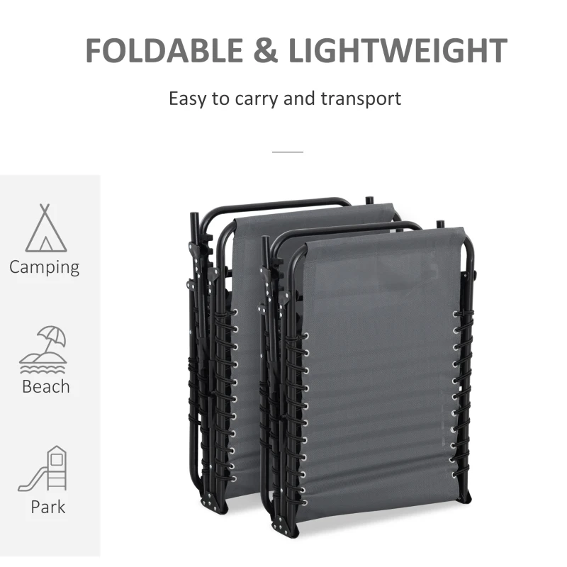 Best Portable Sun Lounger Set of 2, Folding Camping Bed Cot, Reclining Lounge Chair 5-position Adjustable Backrest with Side Pocket, Pillow for Patio Garden Beach Pool, Grey - Image 6