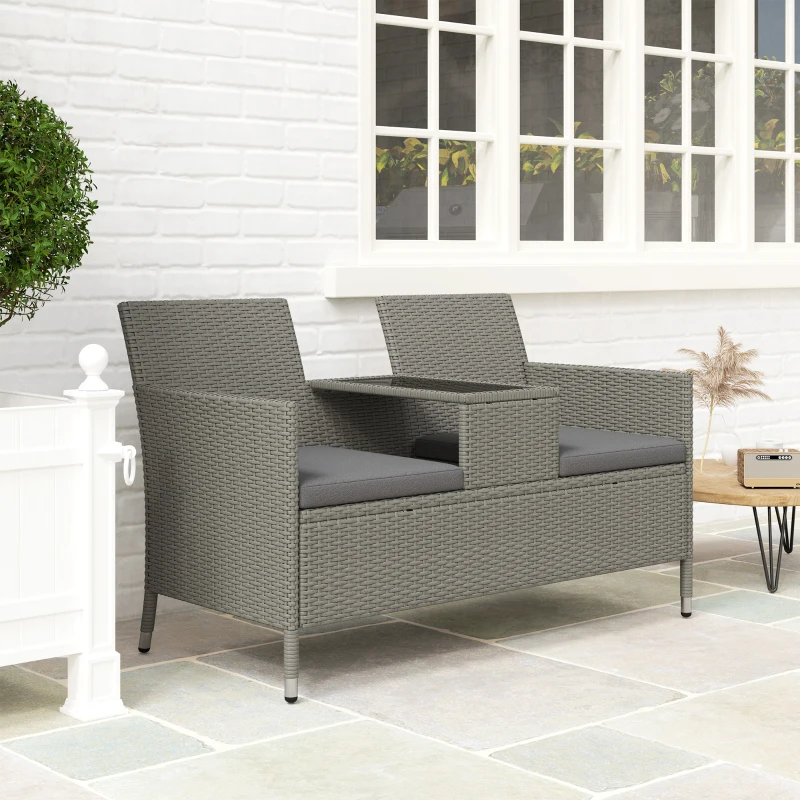 Best 2-Seater PE Rattan Outdoor Garden Bench w/ Centre Table Grey - Image 8