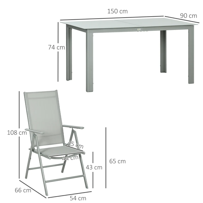 Best 7 Piece Garden Dining Set, Outdoor Table and 6 Folding and Reclining Chairs, Aluminium Frame, Tempered Glass Top Table, Texteline Seats, Grey - Image 3