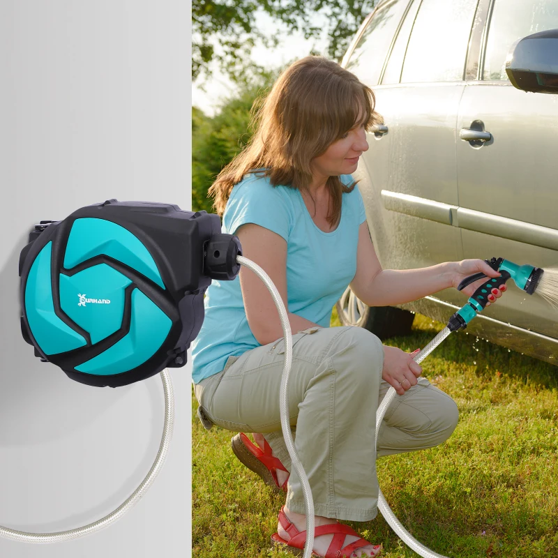 DURHAND 10m Garden Auto Hose Reel Wall Mounted Retractable 7 Patterns Spray Nozzle - Image 2