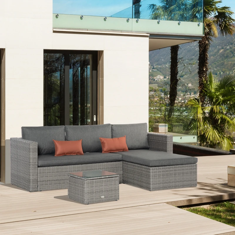 Best 3 Pieces Outdoor PE Rattan Sofa Set, Patio Wicker Conversation Chaise Lounge Furniture w/ Tempered Glass Table-top & Soft Padded Cushion for Garden, Backyard, Lawn, Grey - Image 2