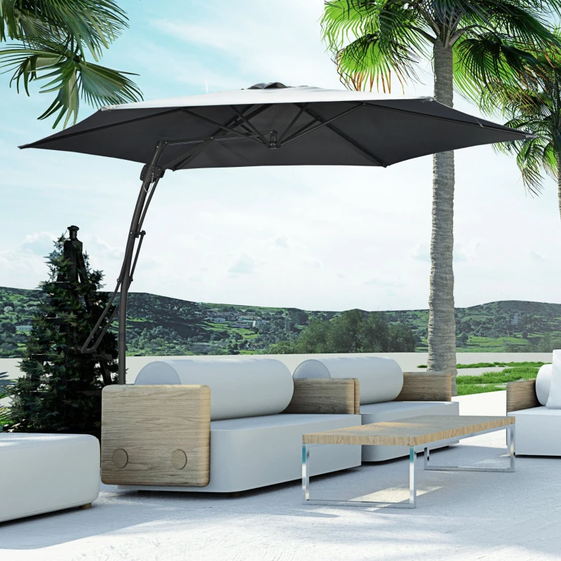 Best 3m Cantilever Parasol with Easy Lever, Patio Umbrella with Crank Handle, Cross Base and 6 Metal Ribs, Outdoor Sun Shades for Garden, Grey - Image 2