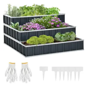 Best 3 Tier Raised Garden Bed, Metal Elevated Planer Box Kit Flower Pot w/ A Pairs of Glove for Garden, Patio to Grow Vegetables, Herbs, Flowers, 118 x 118 x 62 cm, Grey