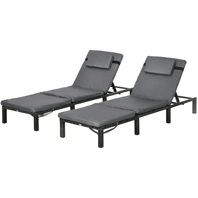 Best Set of Two Reclining Rattan Sun Loungers, with Cushions - Grey - Image 11