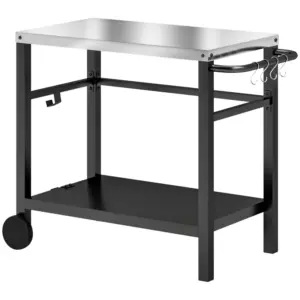 Best Outdoor Grill Dining Cart 2-Shelf Movable Pizza Oven Table Stand with Stainless Steel Top, Portable BBQ Trolley Food Prep Outdoor Kitchen BBQ Station with Hooks Wheels Handle, Charcoal Grey