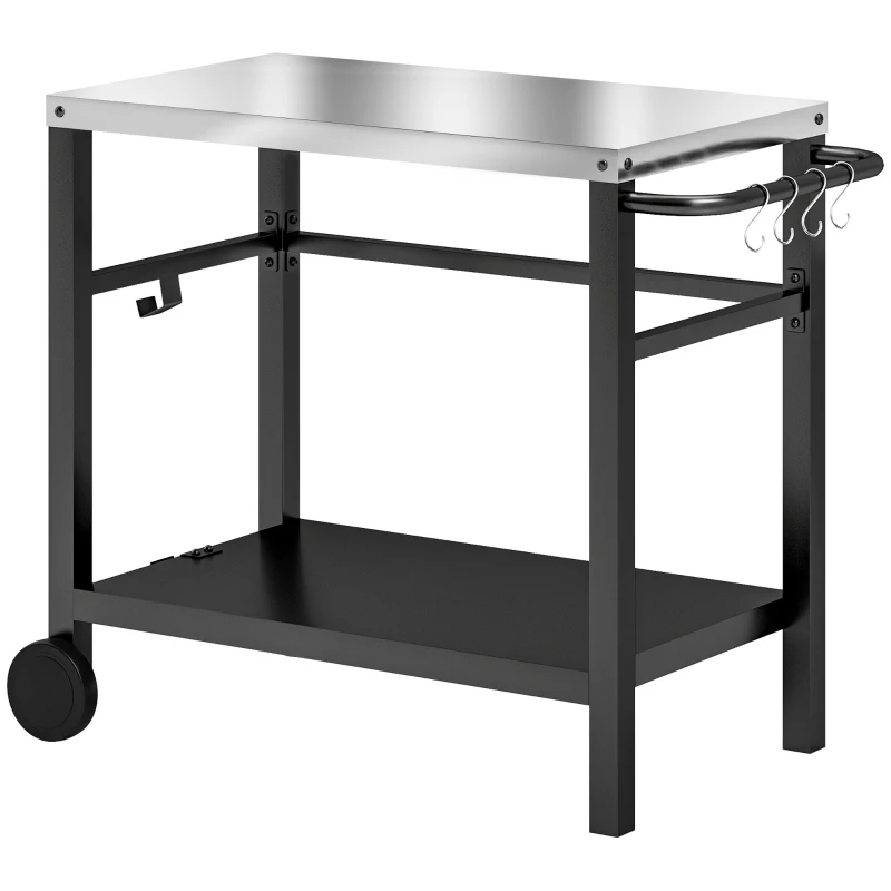 Best Outdoor Grill Dining Cart 2-Shelf Movable Pizza Oven Table Stand with Stainless Steel Top, Portable BBQ Trolley Food Prep Outdoor Kitchen BBQ Station with Hooks Wheels Handle, Charcoal Grey