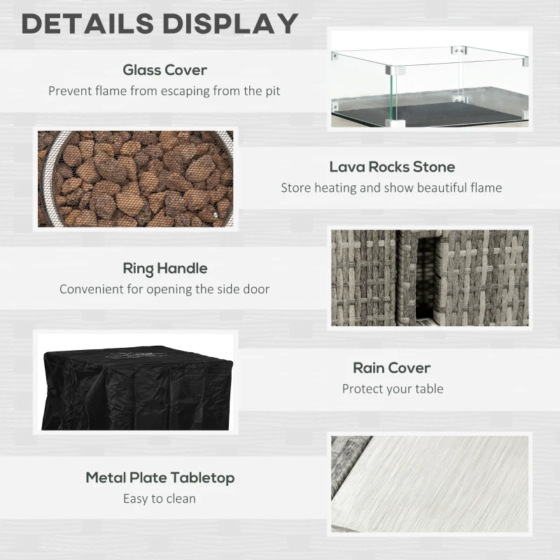 Best Outdoor PE Rattan Gas Fire Pit Table, Patio Square Propane Heater with Rain Cover, Glass Windscreen, and Lava Stone, 50,000 BTU, Grey - Image 6