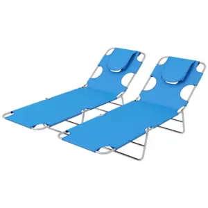 Best Foldable Sun Lounger Set of 2 with Reading Hole, Portable Sun Lounger with 5 Level Adjustable Backrest, Reclining Lounge Chair with Side Pocket, Headrest Pillow, Blue