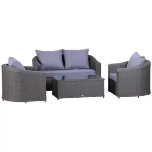 Best Deluxe Round PE Rattan Garden Furniture Set, Fully-assembly Outdoor Sofa Set with Armchair, Loveseat, Glass Top Coffee Table, Aluminium Frame, Cushion, Grey