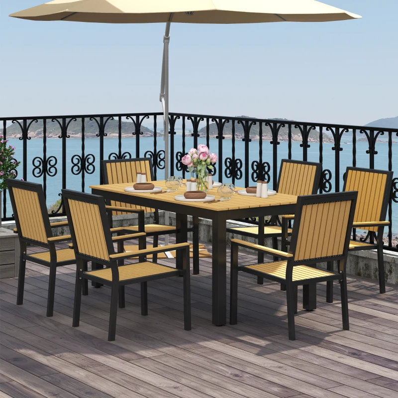 Best 6 Seater Garden Dining Set with Stackable Chairs, Aluminium Frame, Rectangular Plastic Top, Garden Furniture Set, Outdoor Dining Table and Chairs for Patio, Balcony, Poolside, Nature Wood - Image 2