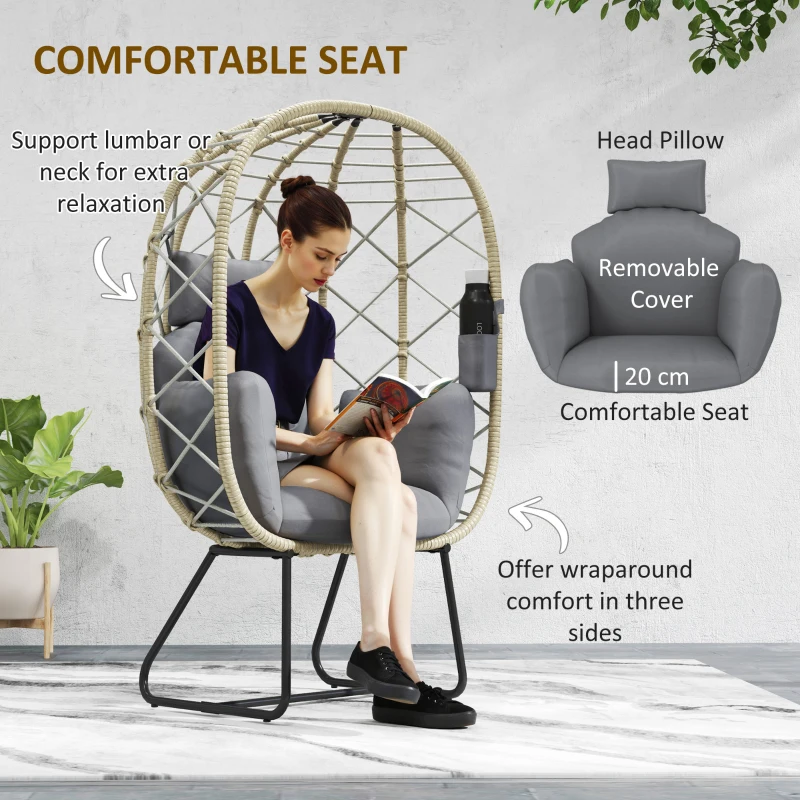 Best Rattan Egg Chair Outdoor Indoor Wicker Chair with Thickened Cushion and Headrest, Standing Garden Egg Chair with Cup Holder, Metal Frame for Patio, Balcony, Grey - Image 4