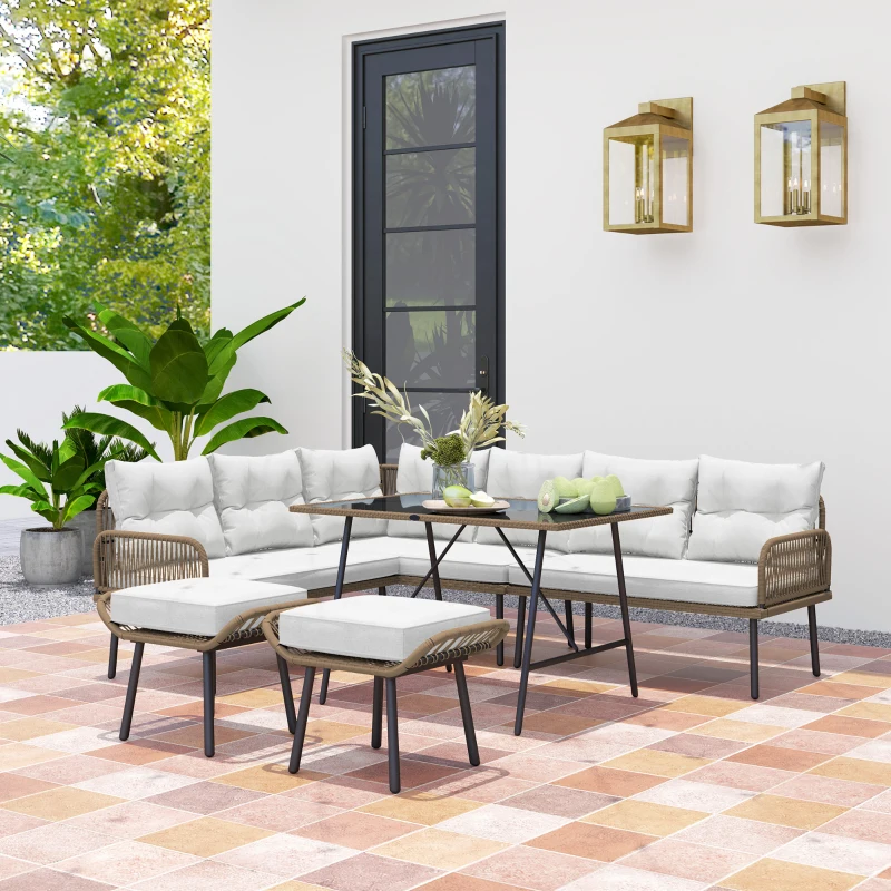 Best 6 Piece Rattan Garden Furniture Set, 8 Seater Garden Corner Sofa with Cushions and Glass Top Table, Sectional Outdoor Furniture Conservatory Set for Patio, Cream White - Image 2