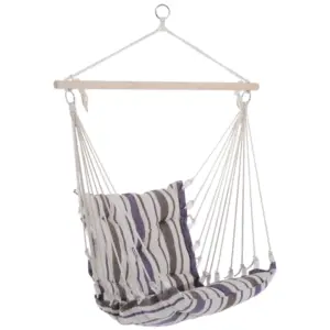 Best Outdoor Hanging Rope Chair with Soft Padded Seat & Backrest, Garden Hammock Chair with Wooden Support Bar Cotton Cloth, Portable Garden Chair for Patio & Tree, Brown
