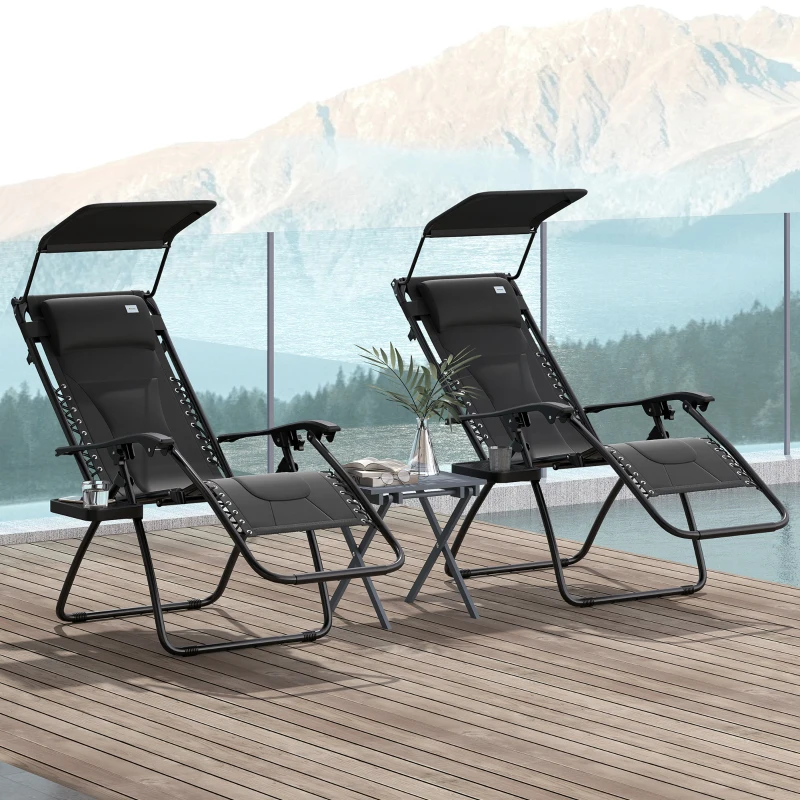 Best Zero Gravity Lounger Chair Set of 2, Folding Reclining Patio Chair with Shade Cover, Padded Seat, Cup Holder, Soft Cushion and Headrest for Poolside, Camping, Black - Image 2