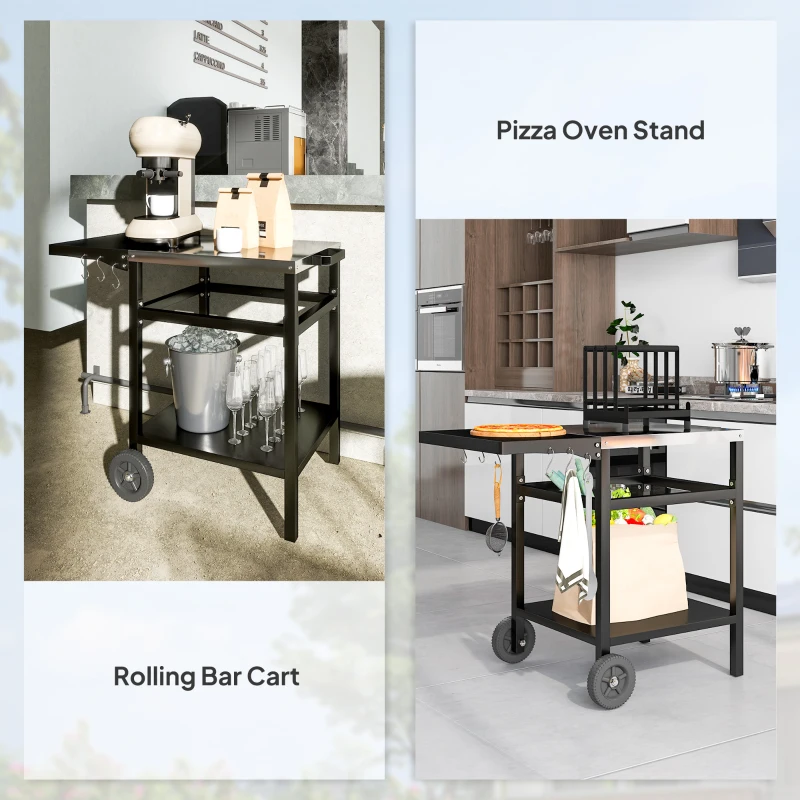 Best BBQ Trolley with Stainless Steel Top and Foldable Side Table, Outdoor Kitchen BBQ Station with Hooks and Shelf, Pizza Oven Table Movable Outdoor Grill Dining Cart with Cover, Black - Image 7