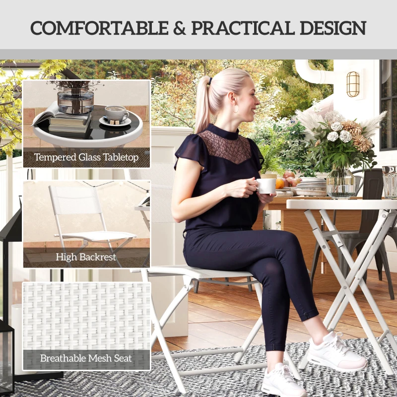 Best 3 Pieces Outdoor Bistro Set, Glass Top Outdoor Table and 2 Folding Chairs with Protecting Feet, White - Image 6