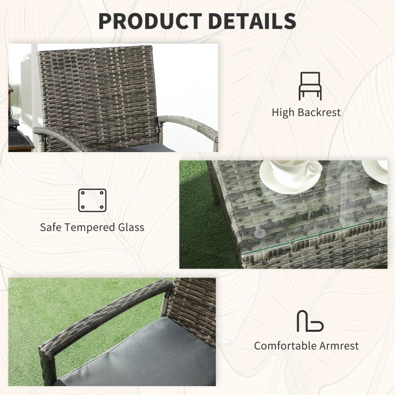 Best 3 Pieces Rattan Bistro Set, Wicker Garden Furniture Set with Glass Top Coffee Table and Chairs, Washable Cushions for Outdoor, Patio, Balcony, Mixed Grey - Image 7