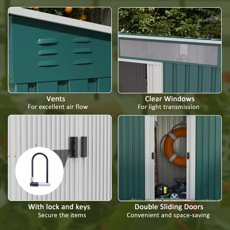 Best 6.5 x 4FT Galvanised Metal Shed with Foundation Kit, Lockable Tool Garden Shed with Double Sliding Doors, Vents, Green - Image 7