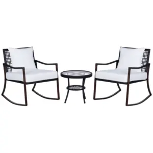 Best Rattan Bistro Set, 3 Pieces Wicker Garden Furniture Set with Rocking Chairs and Round Glass Top Coffee Table, Small Balcony Furniture with Cushions for Outdoor, Porch, Brown