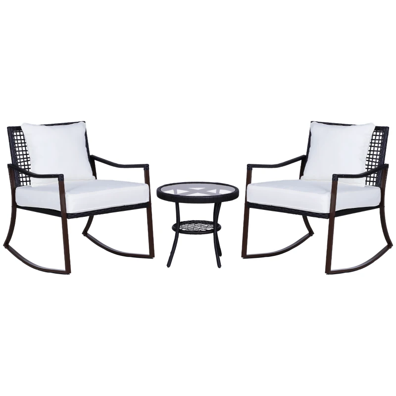 Best Rattan Bistro Set, 3 Pieces Wicker Garden Furniture Set with Rocking Chairs and Round Glass Top Coffee Table, Small Balcony Furniture with Cushions for Outdoor, Porch, Brown