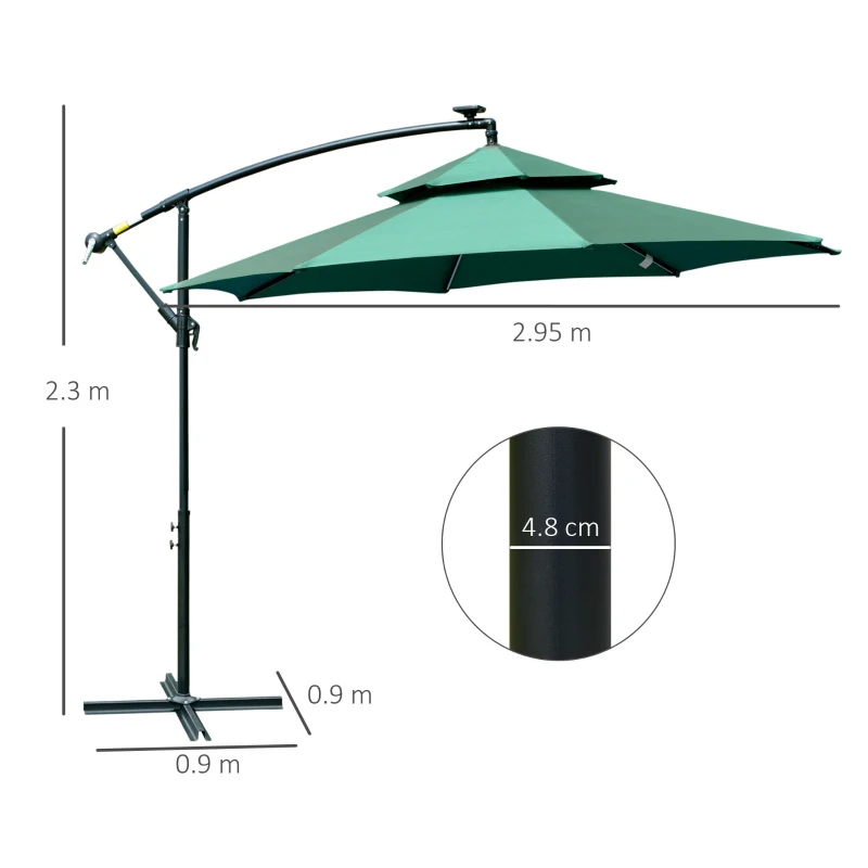 Best 3(m) Cantilever Banana Parasol Hanging Umbrella with Double Roof, LED Solar lights, Crank, 8 Sturdy Ribs and Cross Base for Outdoor, Garden, Patio, Green - Image 3