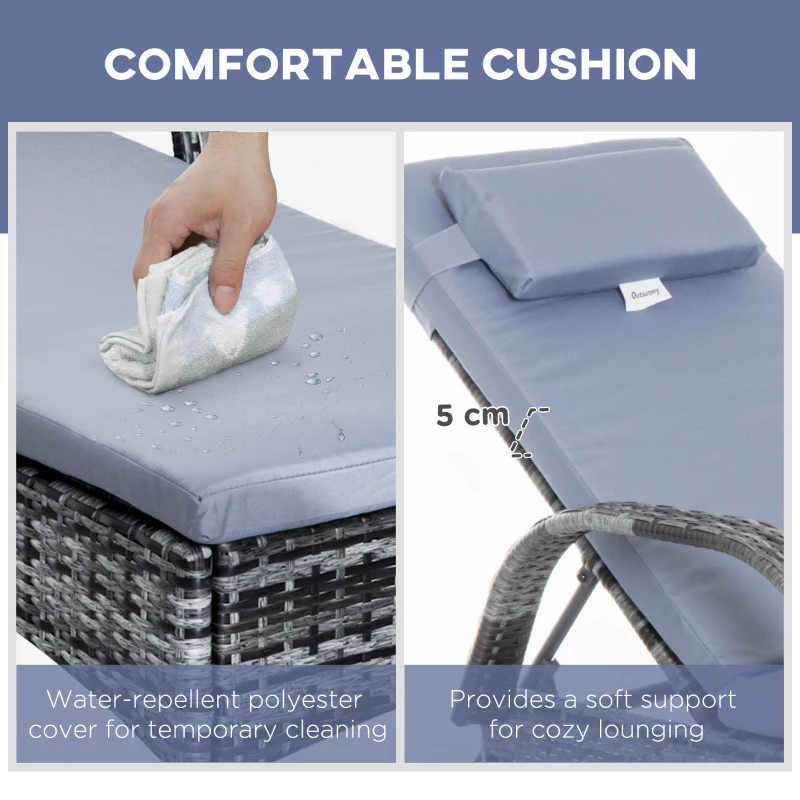 Best 3 Pieces Rattan Sun Loungers, Garden Wicker Wheeling Recliner , PE Rattan Lounge Chairs w/ Cushions & Side Coffee Table Grey - Image 7