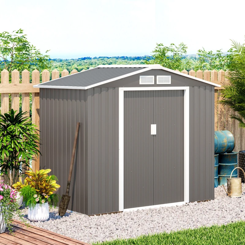 Best 7ft x 4ft Lockable Garden Metal Storage Shed Storage Roofed Tool Metal Shed w/ Air Vents Steel Grey - Image 2
