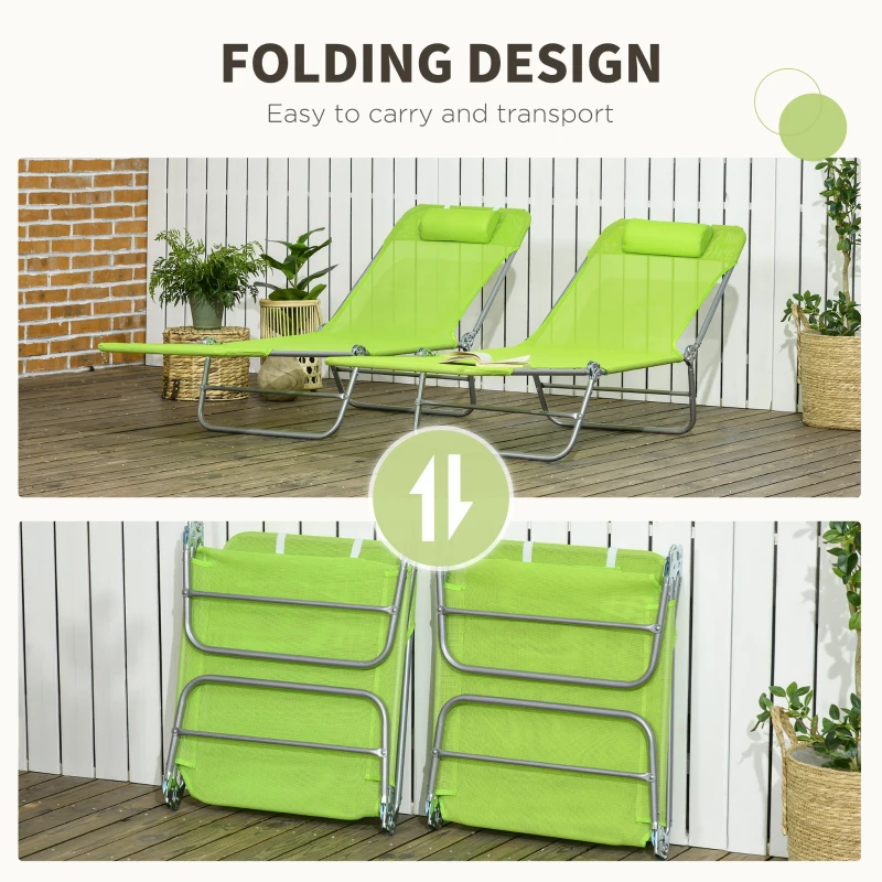 Best Folding Sun Lounger Set of 2, Outdoor Day Beds with Pillow, Reclining Back, Steel Frame and Breathable Mesh for Beach, Yard, Patio, Green - Image 5