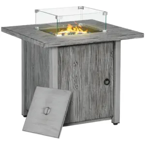 Best 71cm 50,000 BTU Gas Fire Pit Table with Cover and Glass Screen - Grey