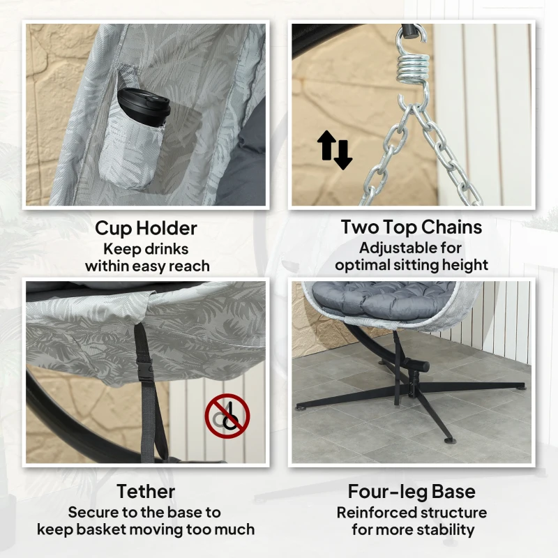 Best Hanging Egg Chair Outdoor Indoor Garden Swing Chair with Folding Basket, Garden Hanging Chair with Stand, Thickened Cushion, Cup Holder for Patio, Balcony, Grey - Image 7