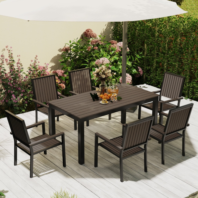 Best 6 Seater Garden Dining Set with Stackable Chairs, Aluminium Frame, Rectangular Plastic Top, Garden Furniture Set, Outdoor Dining Table and Chairs for Patio, Balcony, Poolside, Brown - Image 9