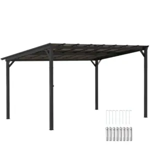 Best 3 x 4.3m Metal Pergola with UPF 50+ and Waterproof Polycarbonate Roof, Wall-Mounted or Free Standing Garden Gazebo, Wind-resistant Outdoor Sun Shade, Dark Grey