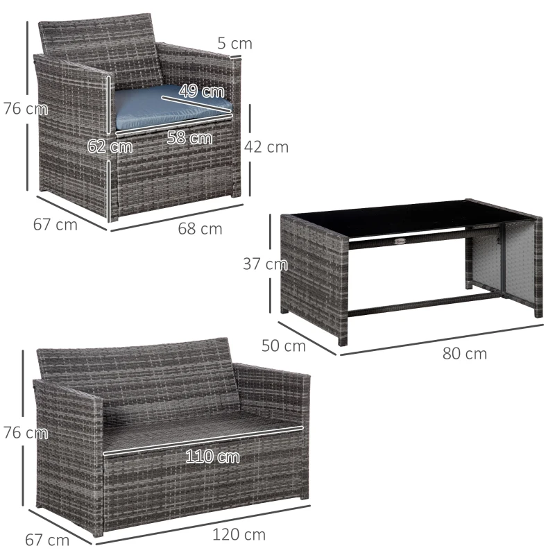 Best 4 Pieces PE Rattan Garden Sofa Set with Cushions, Outdoor Patio Wicker Weave Conservatory Furniture Set with a Loveseat, 2 Armchairs and a Glass Top Coffee Table, Grey - Image 3