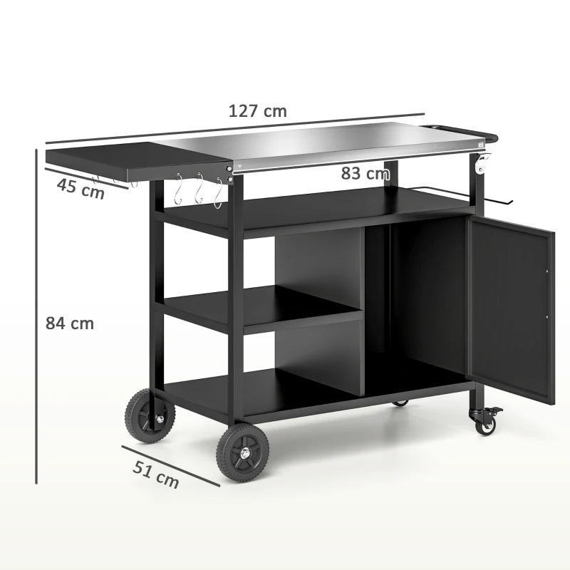 Best Outdoor BBQ Trolley with Foldable Side Table, Stainless Steel Top, Outdoor Kitchen with Wheels Hooks Shelves Cabinet, Pizza Oven Table Movable Outdoor Grill Dining Cart with Cover, Black - Image 3
