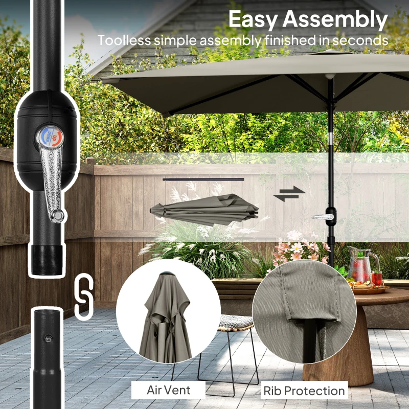Best 3x2m Patio Parasol Garden Umbrellas Canopy with Aluminium Tilt Crank Rectangular Sun Shade Steel, Light Grey - Image 6