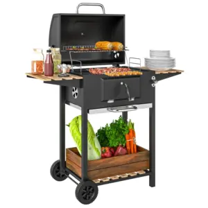 Best Charcoal BBQ Grill with Height Adjustable Charcoal Pan, Portable Barbecue Smoker with Warming Rack, 3 Shelves, Temperature Gauge, Wheels, Bottle Opener for Outdoor Cooking Garden Party