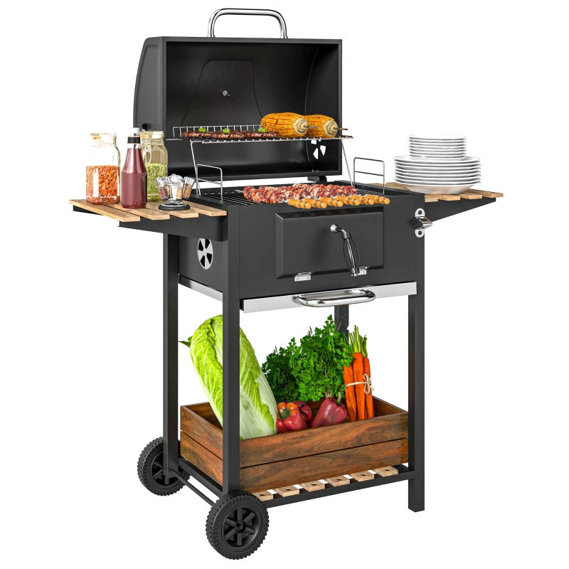 Best Charcoal BBQ Grill with Height Adjustable Charcoal Pan, Portable Barbecue Smoker with Warming Rack, 3 Shelves, Temperature Gauge, Wheels, Bottle Opener for Outdoor Cooking Garden Party