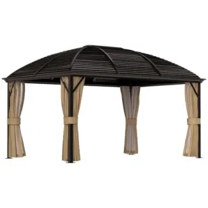 Best 3 x 4m Hardtop Gazebo Canopy with Metal Roof, Aluminium Gazebo Permanent Pavilion with Netting and Curtains, Brown